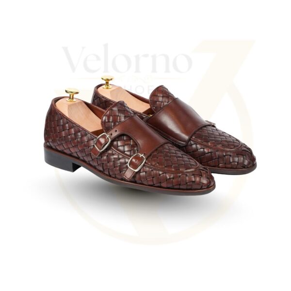 Velorno Brown Woven Leather Double Monk Loafers