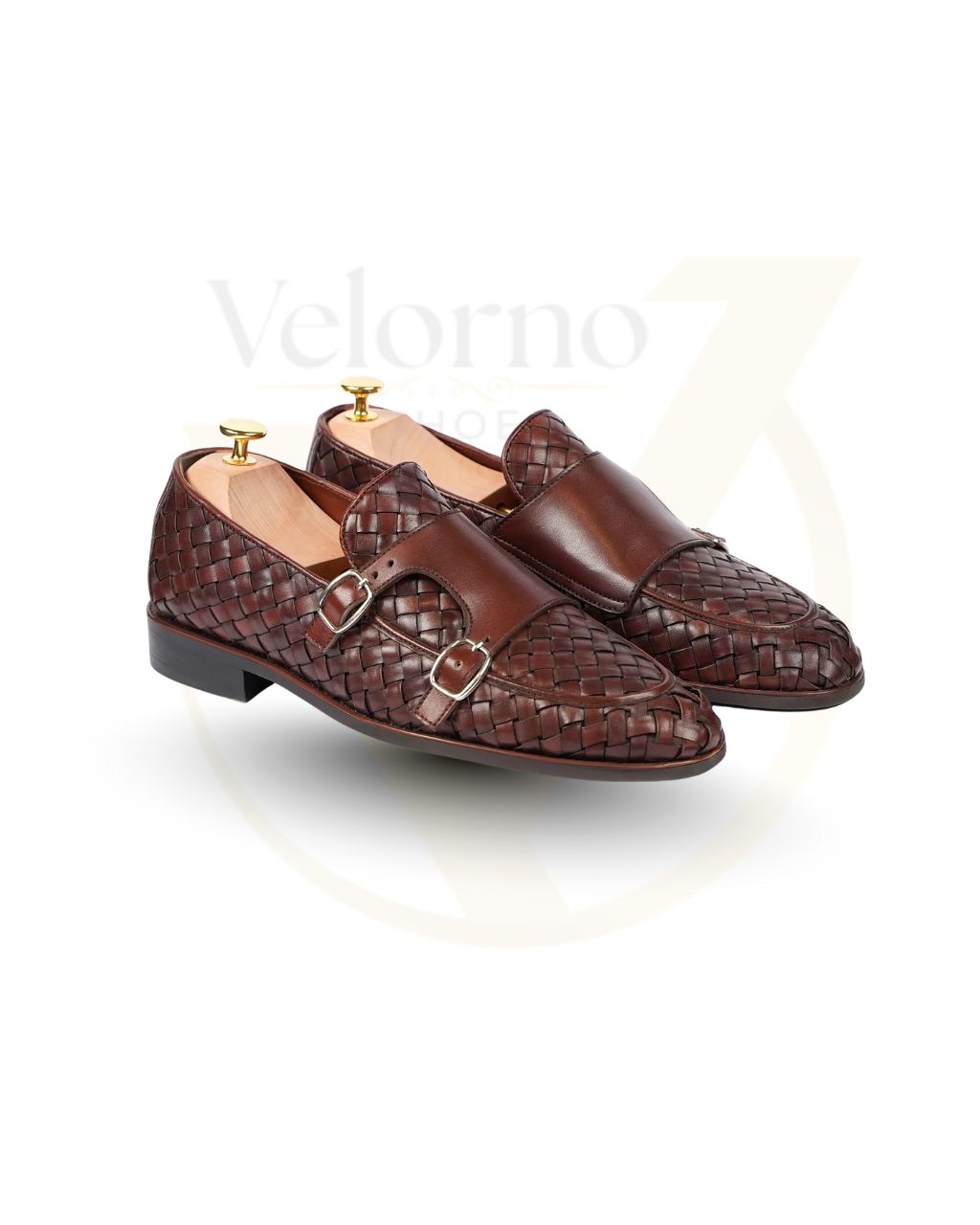 Velorno Brown Woven Leather Double Monk Loafers