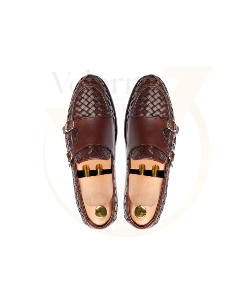 Velorno Brown Woven Leather Double Monk Loafers - Image 4